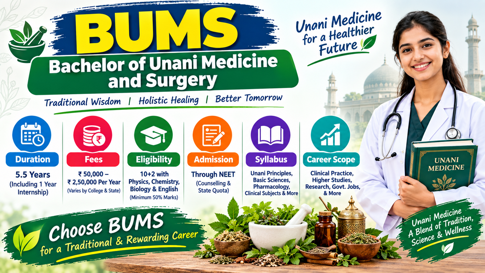 BUMS Course (Bachelor of Unani Medicine and Surgery): Duration, Fees, Eligibility, Admission, Syllabus & Career Scope