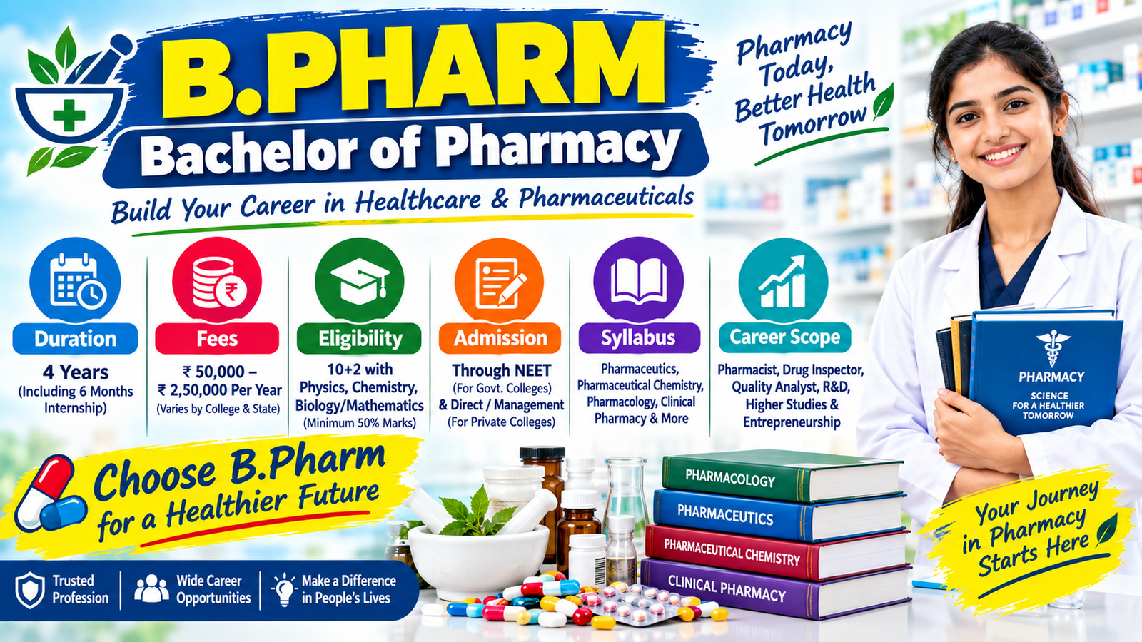 B.Pharm Course (Bachelor of Pharmacy): Duration, Fees, Eligibility, Admission, Syllabus & Career Scope